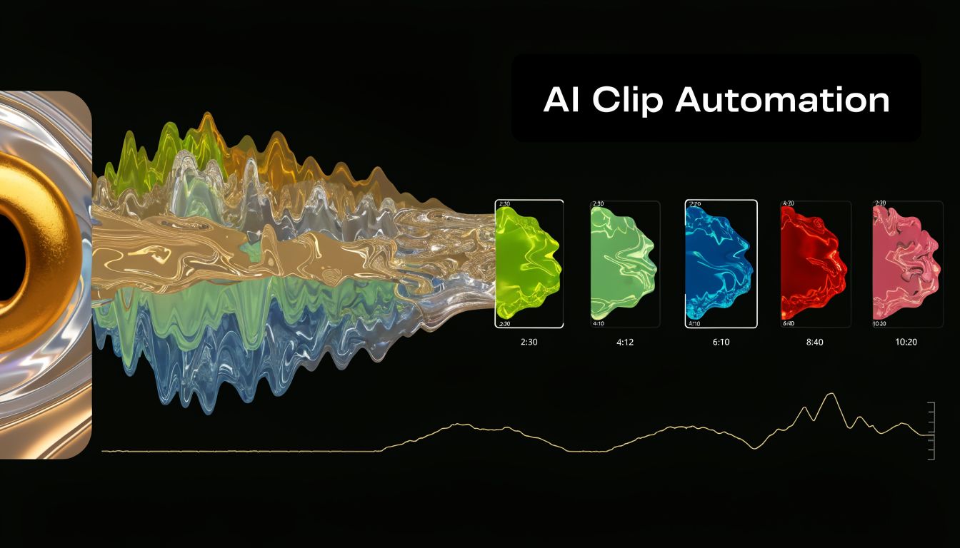 A digital graphic demonstrating AI clip automation with fluid color waveforms being sorted into distinct video segments.