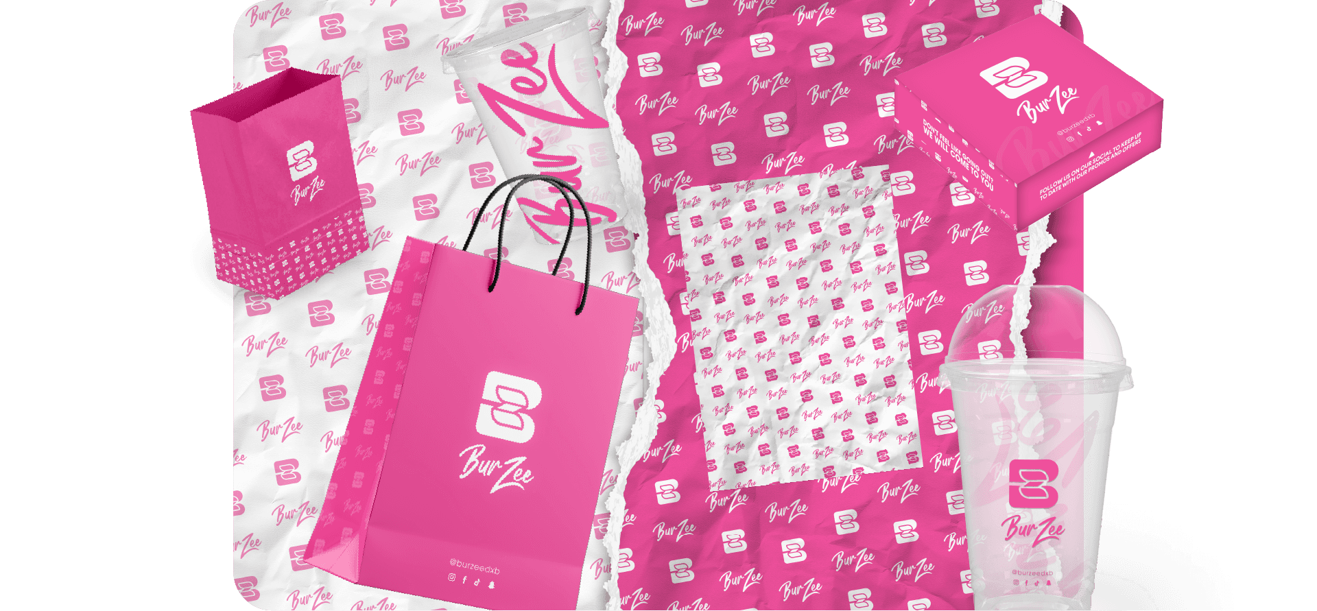 Burzee Packaging Design - Fries/Chip Bag, Plastic Cups, Boxes, Papers, Bags