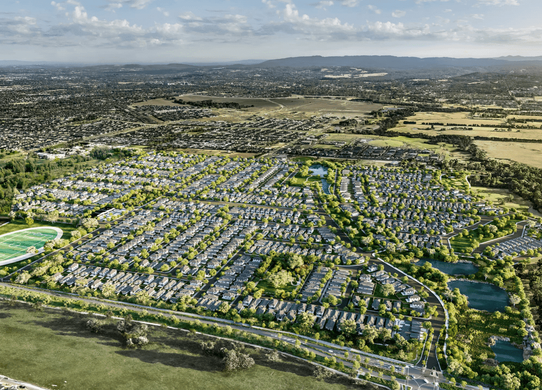 Aerial view of a planned residential neighborhood with many houses.