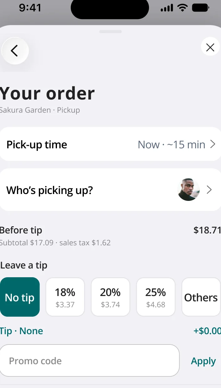 Top of the V2 solo checkout: Your order, pick-up time, who is picking up, before-tip amount and tip chips. No group vocabulary anywhere.