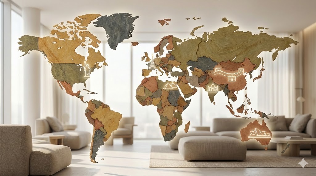 A cinematic world map blended with iconic landmarks subtly glowing, minimal modern travel aesthetic, soft natural light, muted earthy tones, no text, editorial photography style, wide angle, premium travel magazine cover look