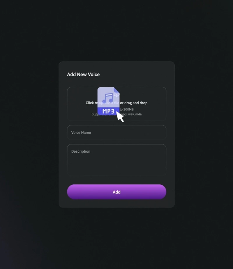 VOIZEN Web3 UI animation mockup showing MP3 voice upload and AI encryption settings