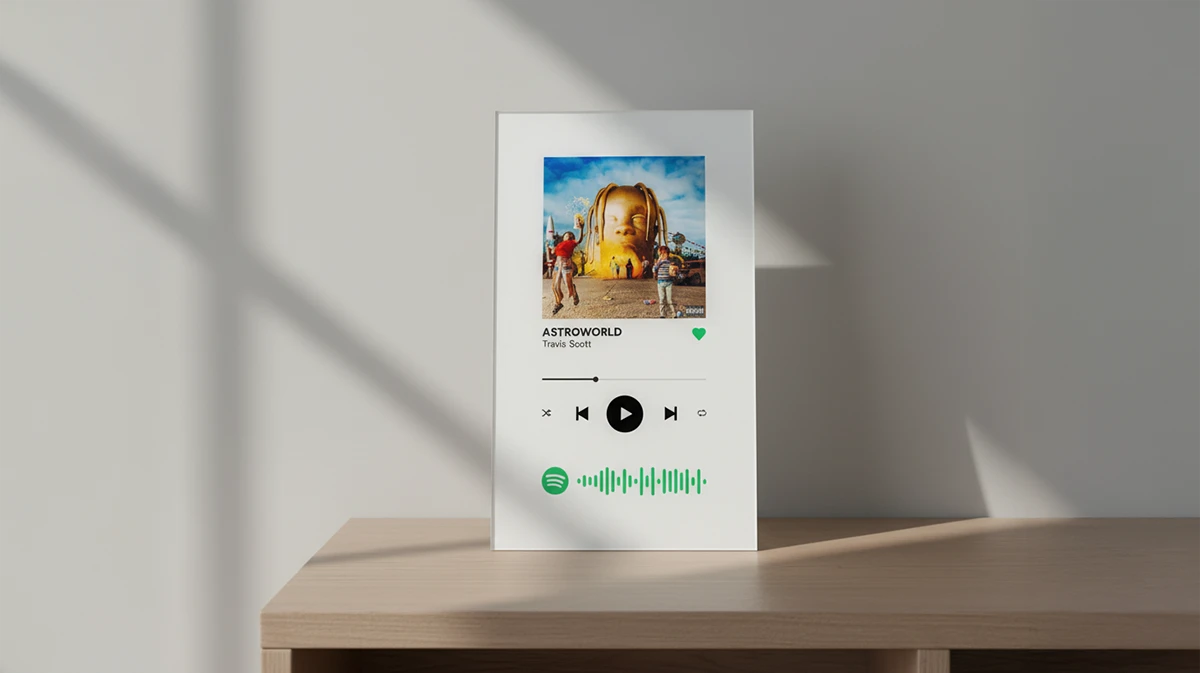 Eine rechteckige, weiß beschichtete Glasplatte, die auf einer hellen Holzoberfläche steht. Auf der Platte ist das Spotify-Design zu sehen: das Albumcover "ASTROWORLD" von Travis Scott, gefolgt vom Titel und Künstler. Darunter befinden sich die Steuerungstasten und der Spotify-Wellenformbalken in Grün.