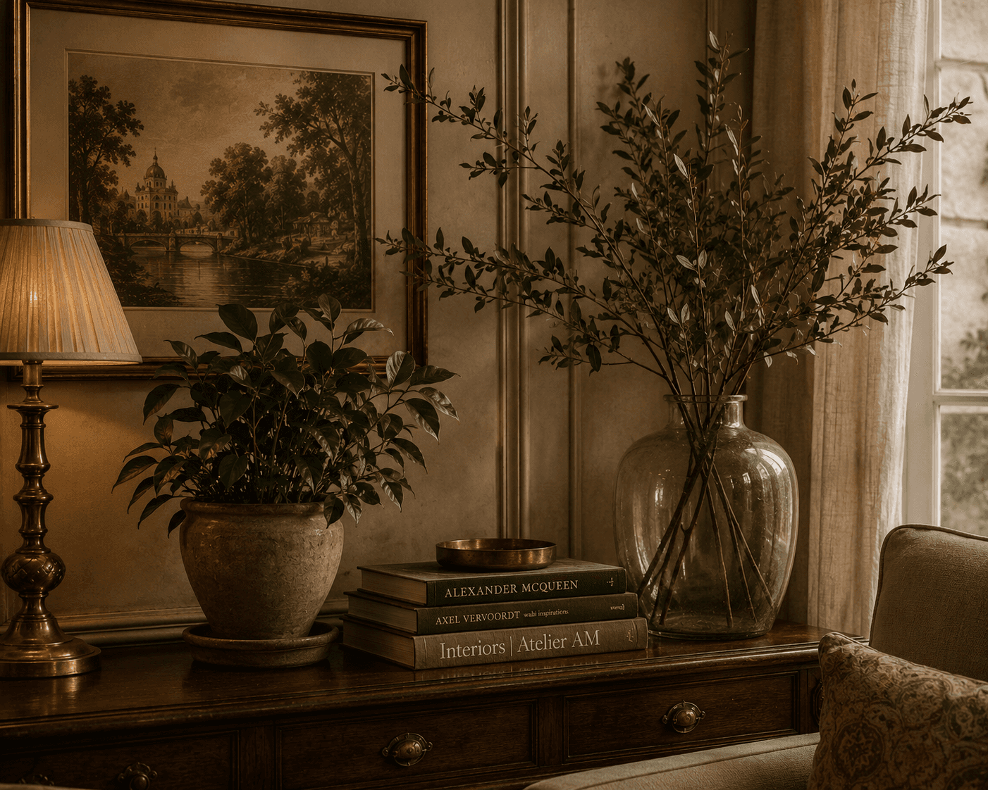 A tastefully decorated wooden sideboard in a classic interior setting. On the left, a brass table lamp with a pleated shade illuminates a potted leafy plant and a framed vintage landscape print. In the center, a brass dish sits atop three stacked design books (including Alexander McQueen, Axel Vervoordt, and Atelier AM), alongside a large clear glass vase filled with tall green foliage branches near a brightly lit window.