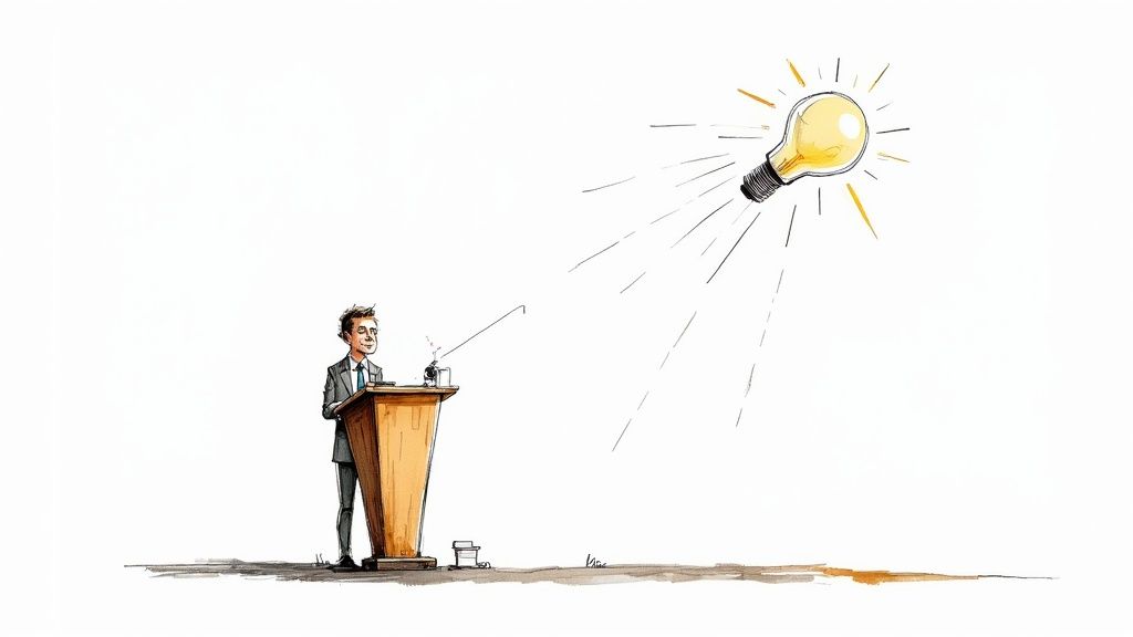A cartoon man in a suit speaks at a podium, fishing for a bright idea light bulb.