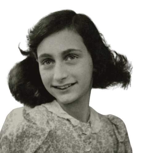 A black-and-white portrait of a young girl with a warm smile, her dark hair slightly tousled. She is wearing a floral-patterned blouse, and her youthful, expressive eyes reflect innocence and hope. The image, with its soft lighting and natural pose, captures a moment of joy and resilience, symbolizing a figure known for her impactful historical legacy during a time of adversity.