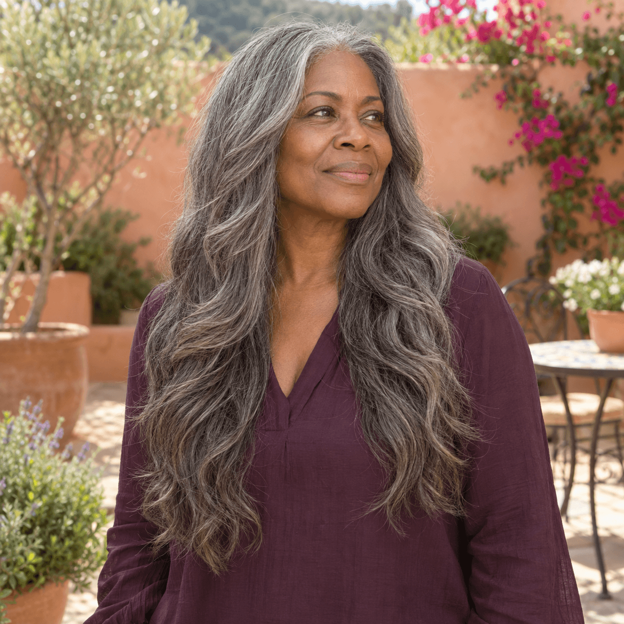 Cheveux longs gris avec un dégradé souple et des ondulations naturelles