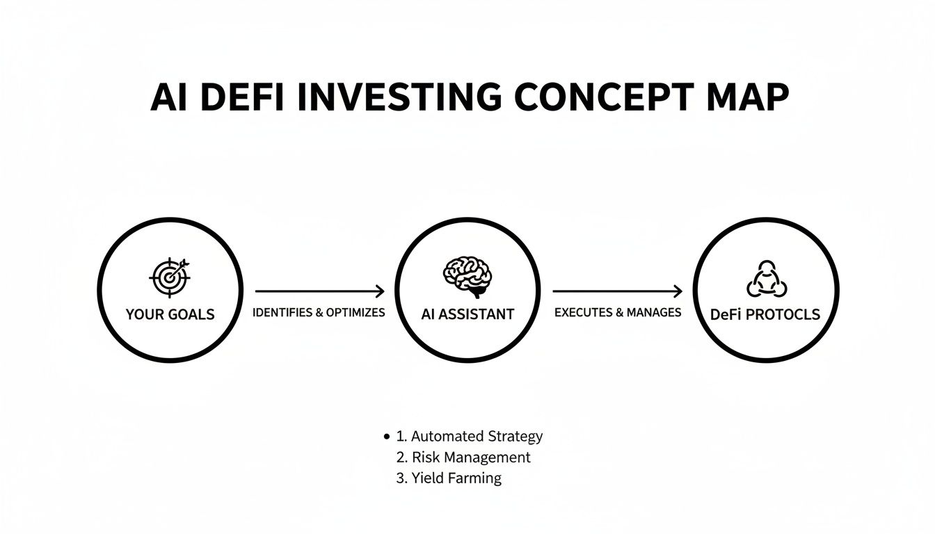 A concept map illustrating an AI assistant's role in DeFi investing, from user goals to protocol execution.