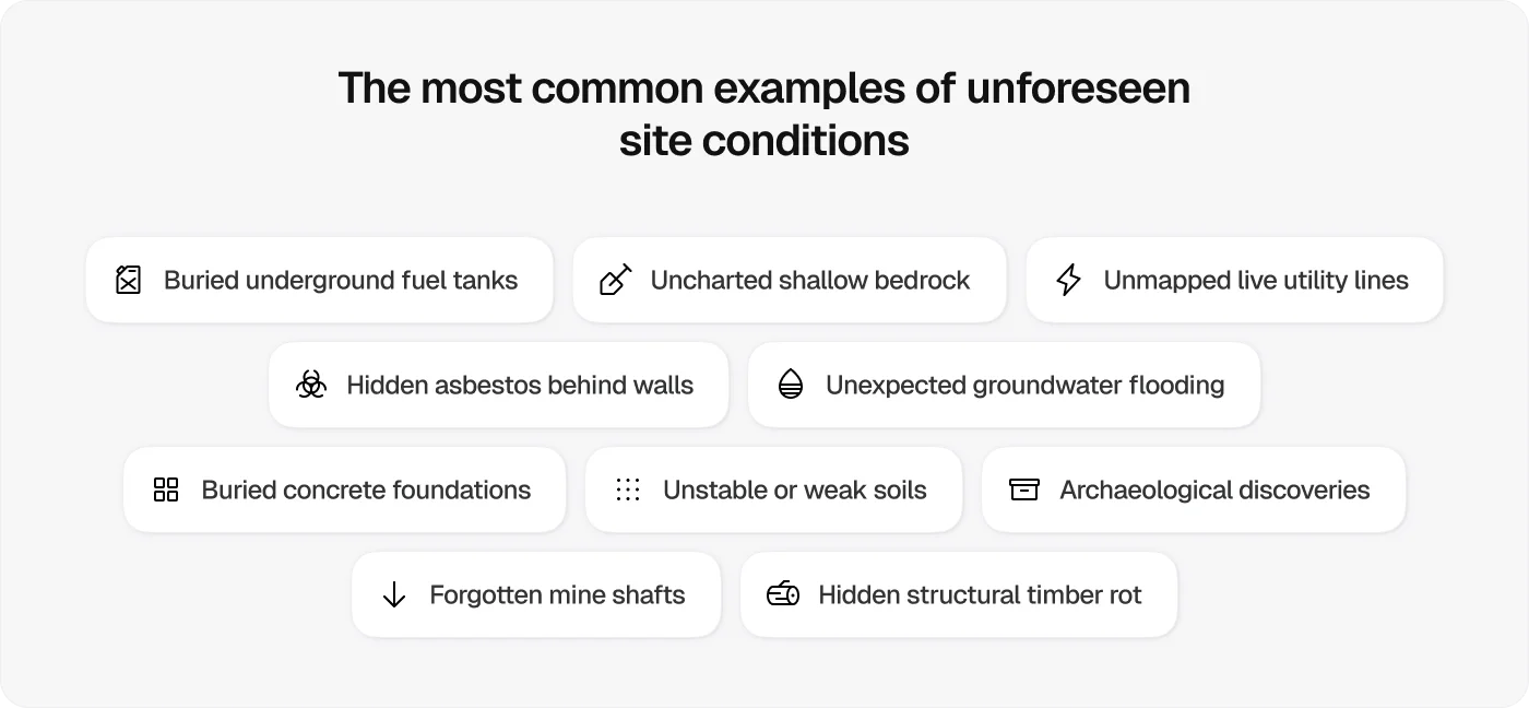 Most common examples of unforseen site conditions