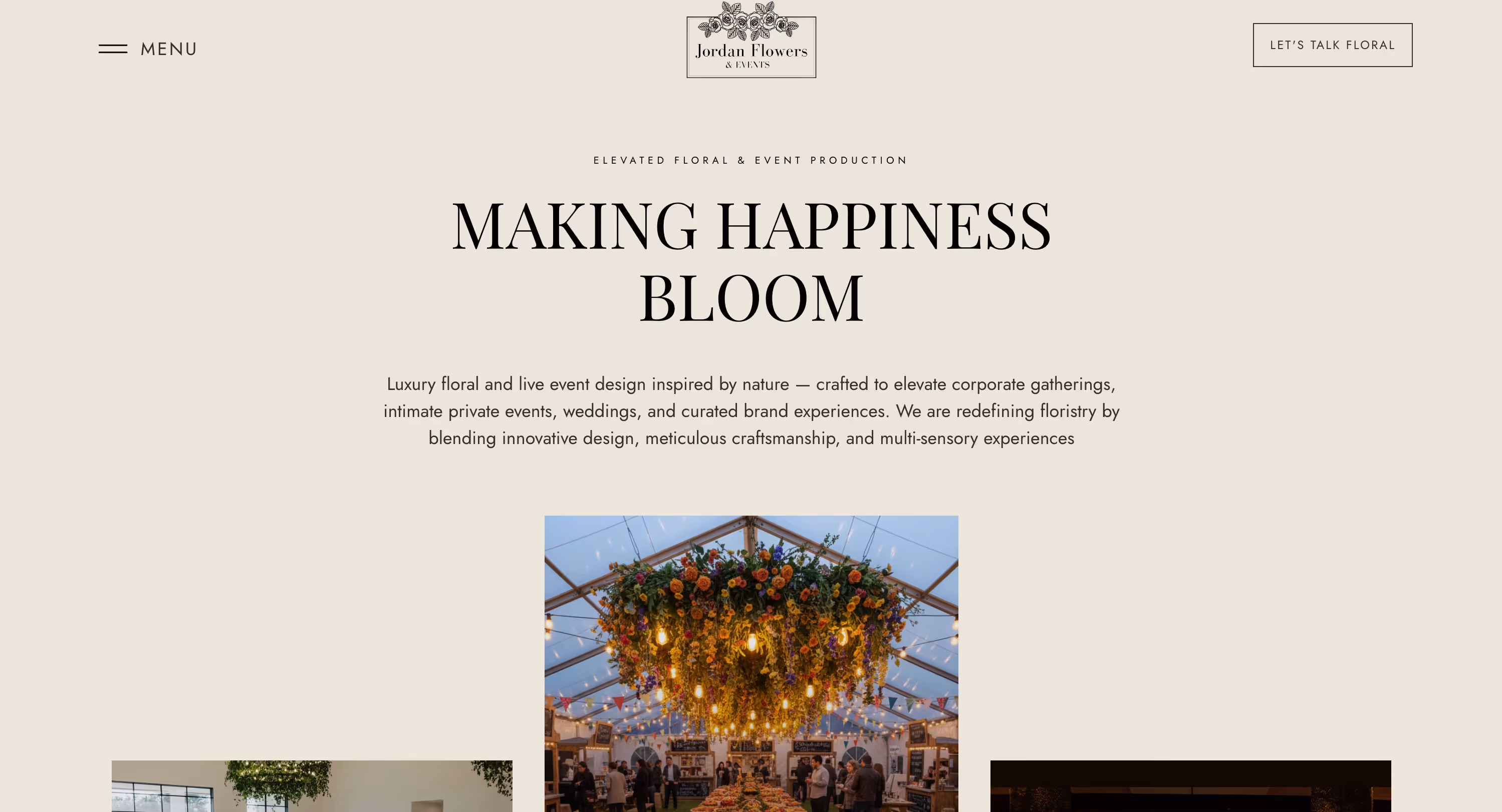 Jordan Flowers & Events website section highlighting mAKING hAPPINESS bLOOM
