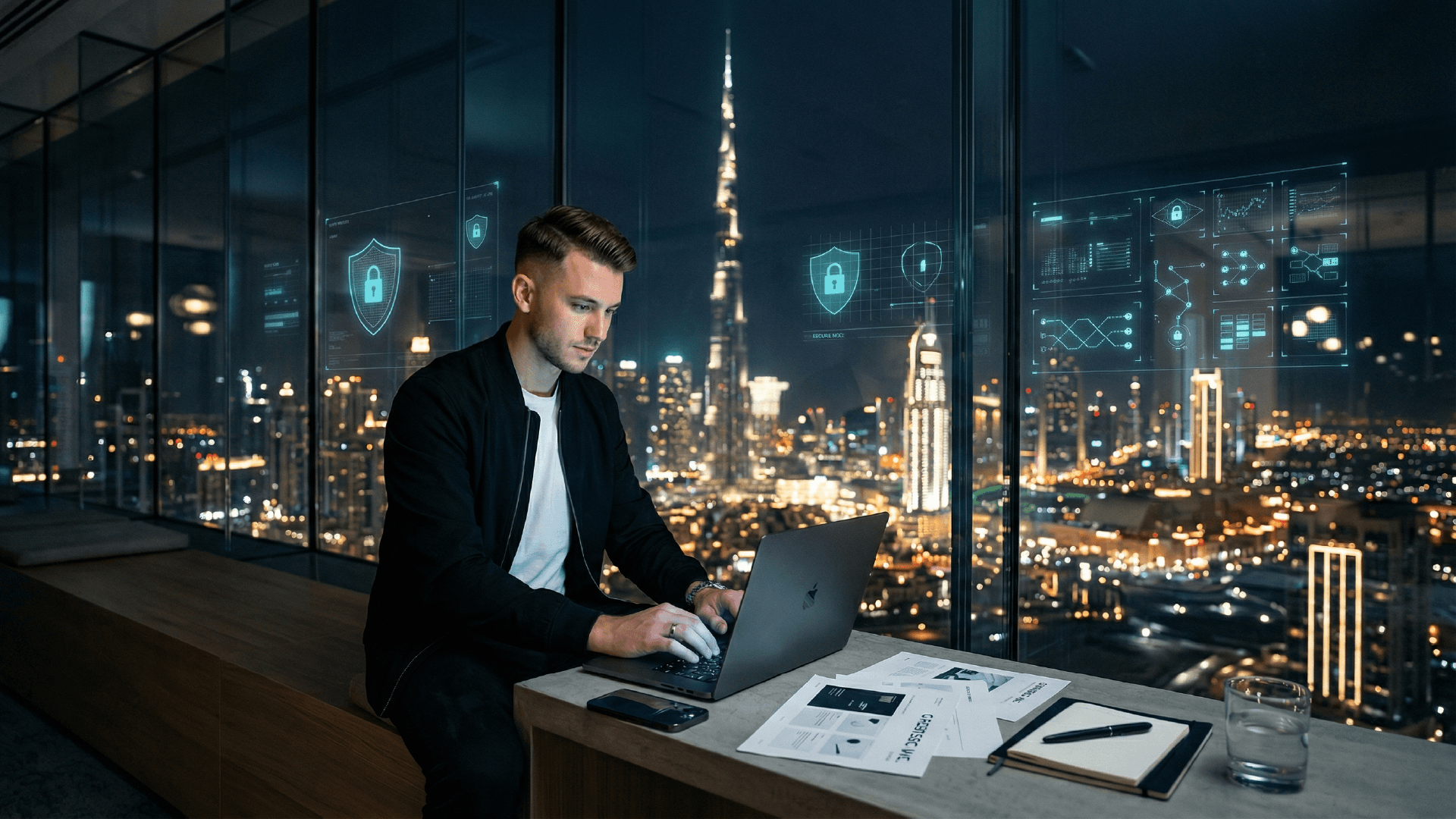 Cybersecurity analyst monitoring threat dashboard screens at a technology operations centre in Dubai