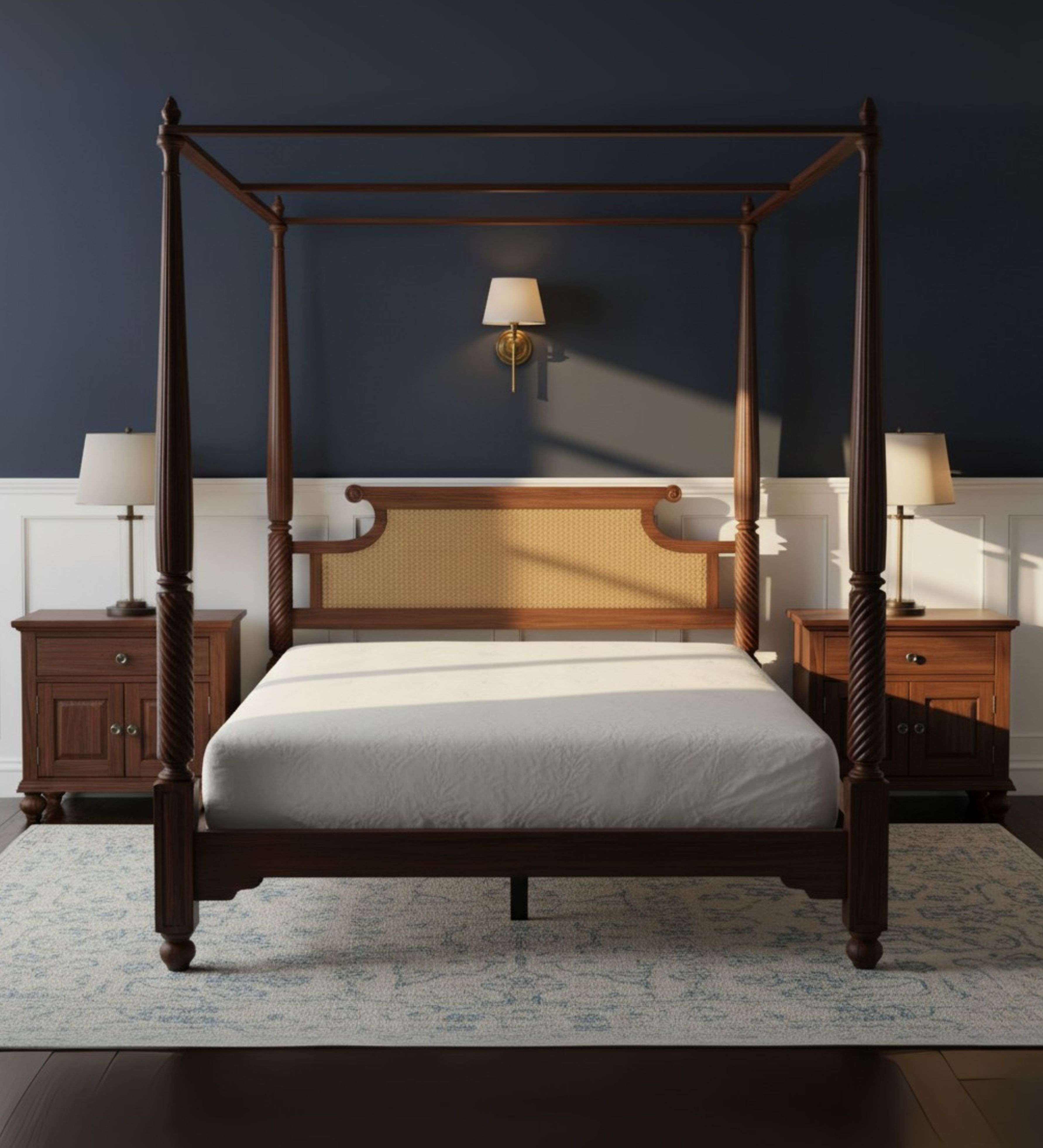 Minimal four‑poster bed with slim vertical posts and open sides