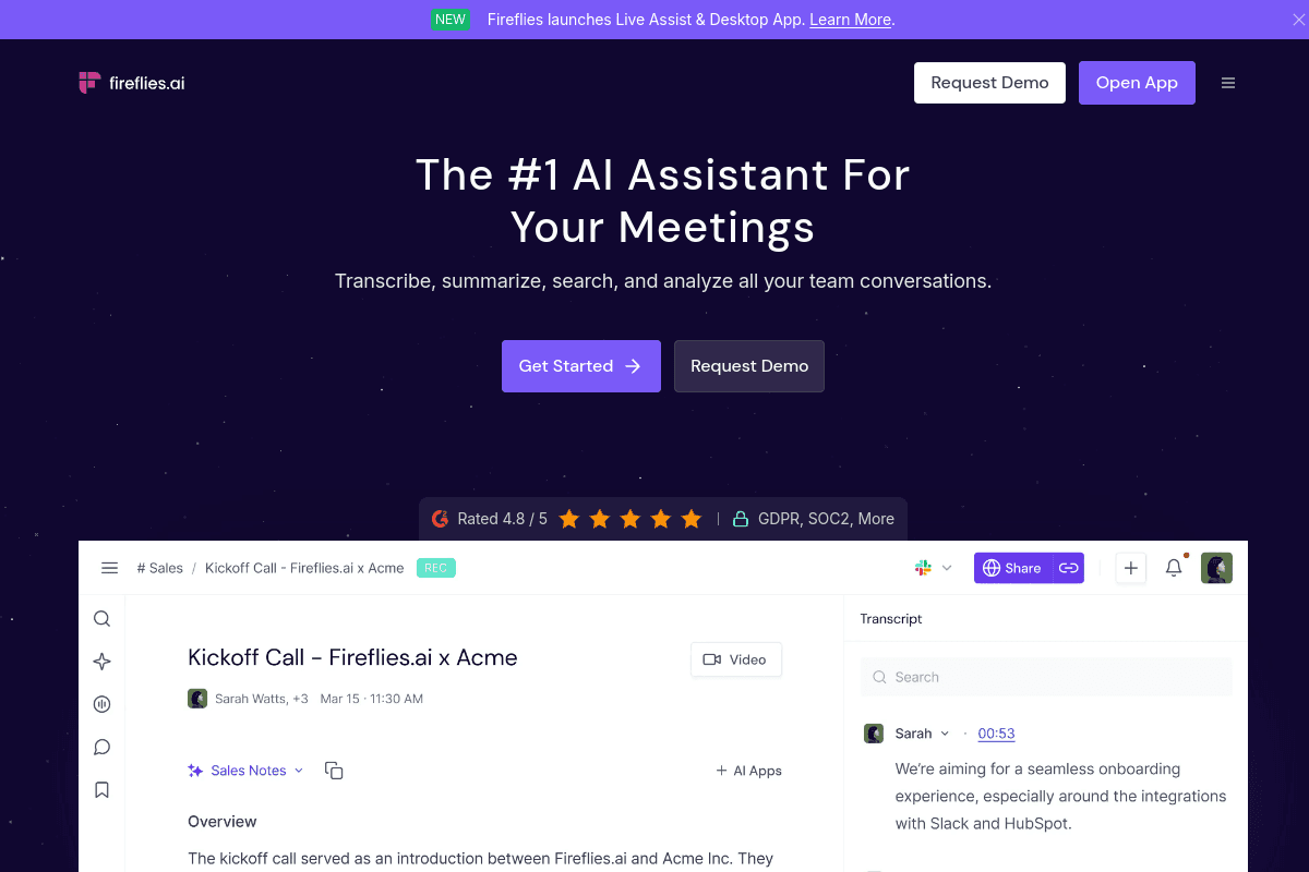Fireflies.ai homepage, AI meeting assistant with transcription and broad integrations