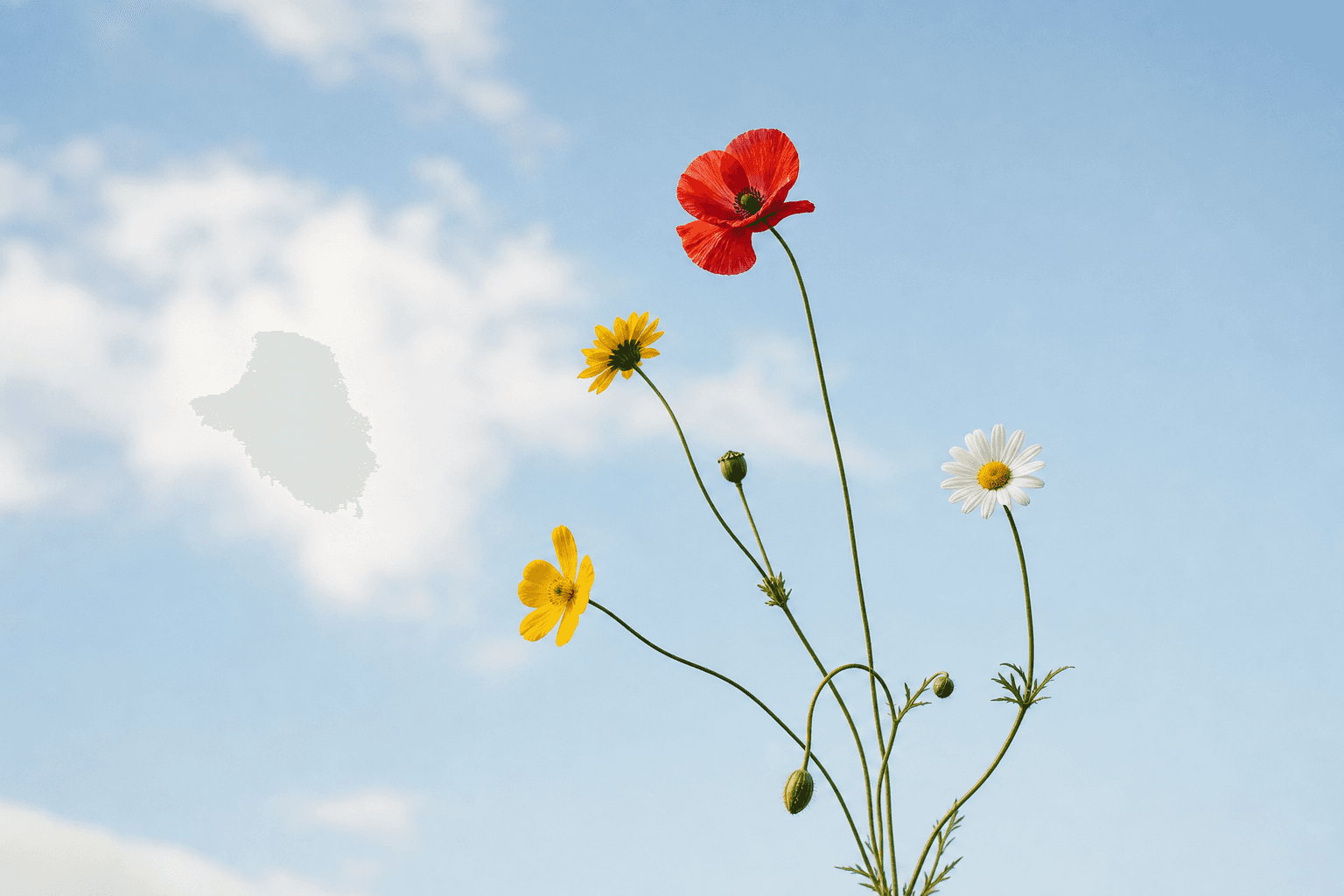 Generated minimal editorial botanical photograph of sparse flowers against a pale sky