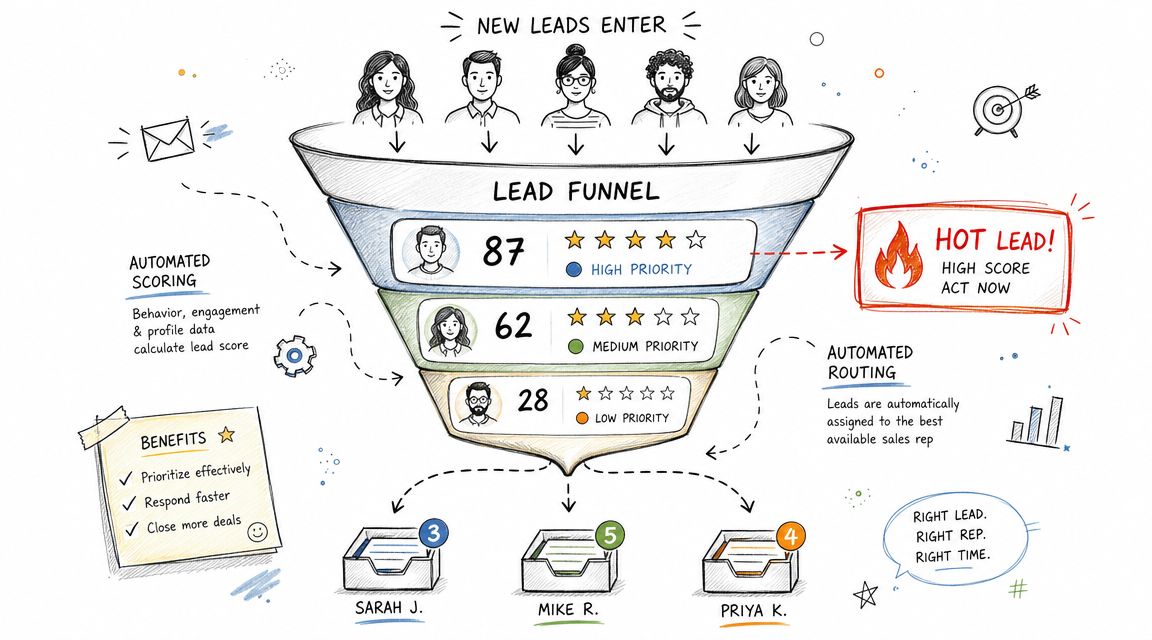 A hand-drawn illustration depicting a lead funnel process with automated scoring, routing, and sales lead prioritization.