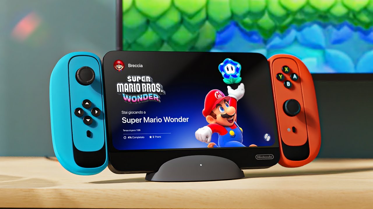 Produktbillede af en Nintendo Switch 2 med et fjernsyn i baggrunden. Skærmen viser spillet Mario Brothers.