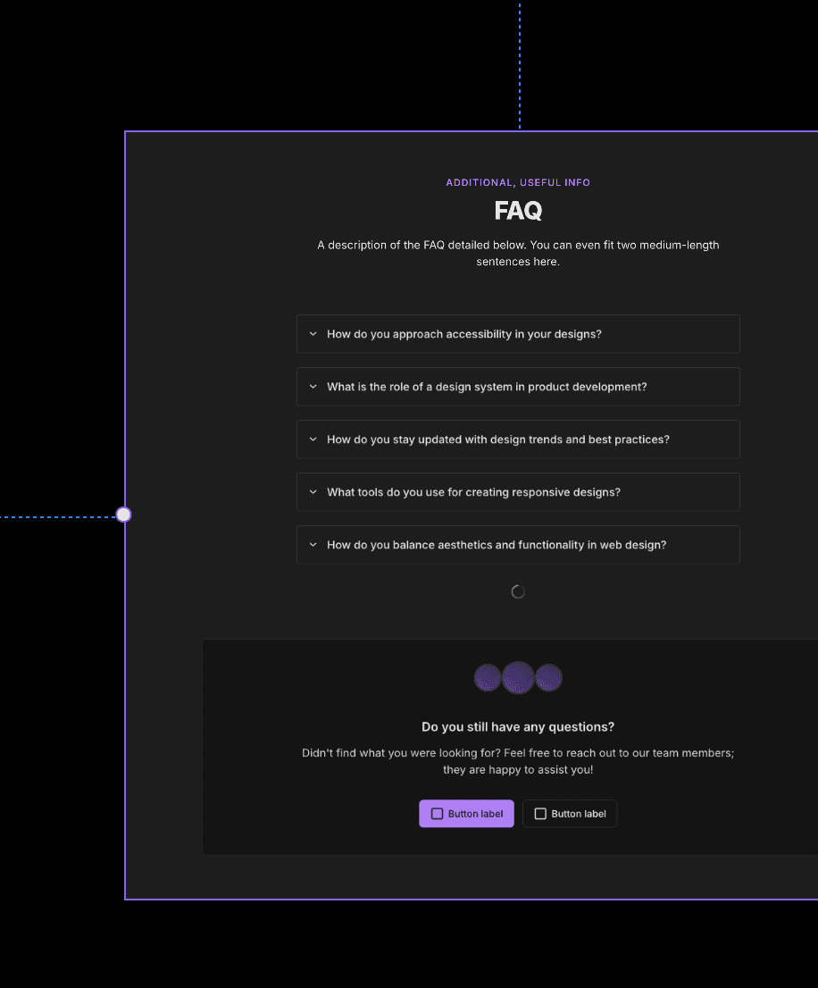 FAQ page template in Framer with Simple Frames wireframing kit.