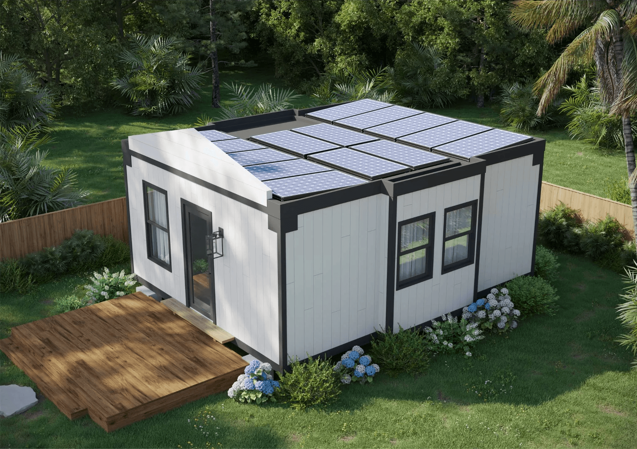 Mesocore home exterior with solar panels and covered entry deck