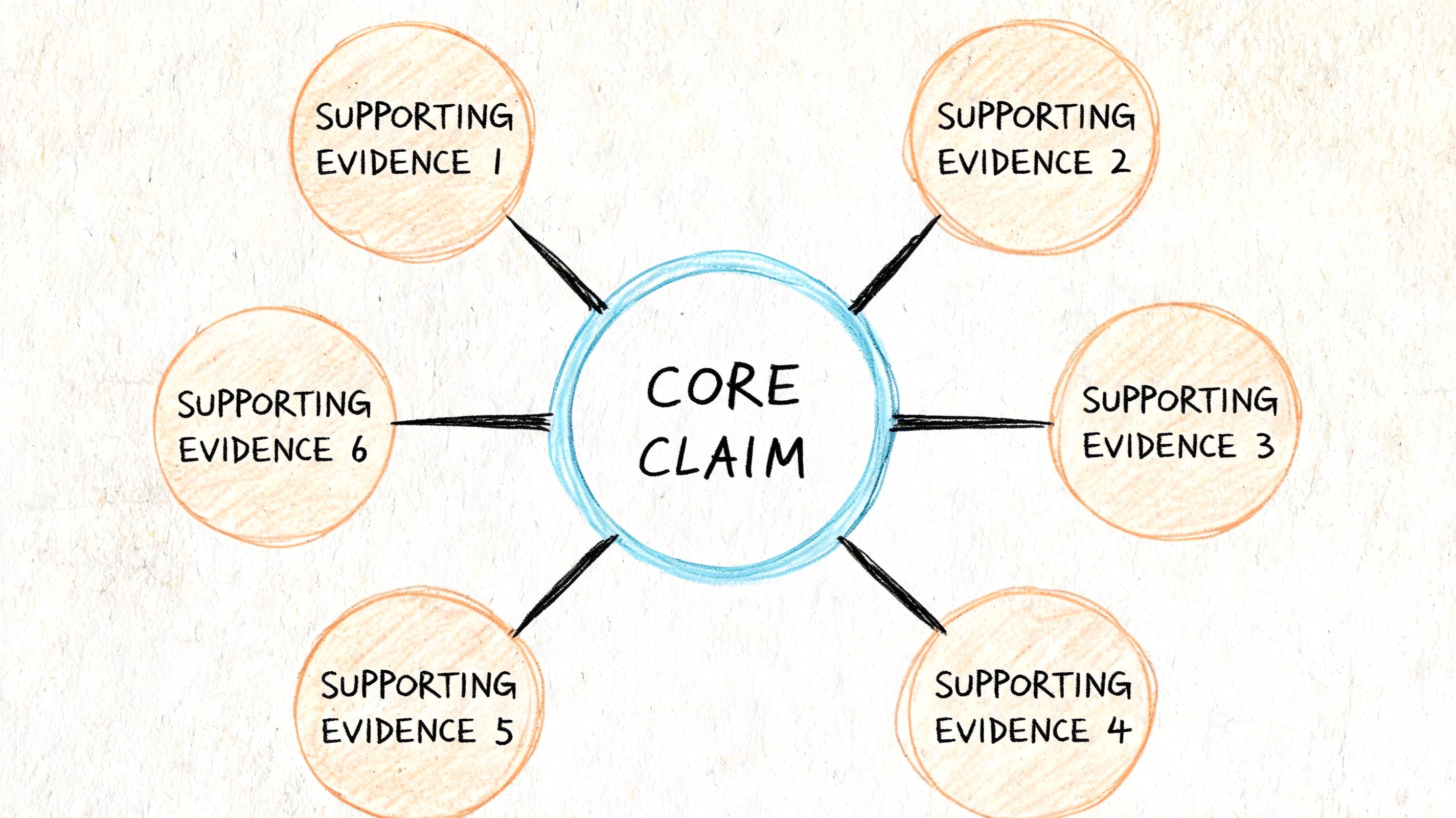 A hand-drawn mind map diagram showing a core claim in the center surrounded by six supporting evidence circles.