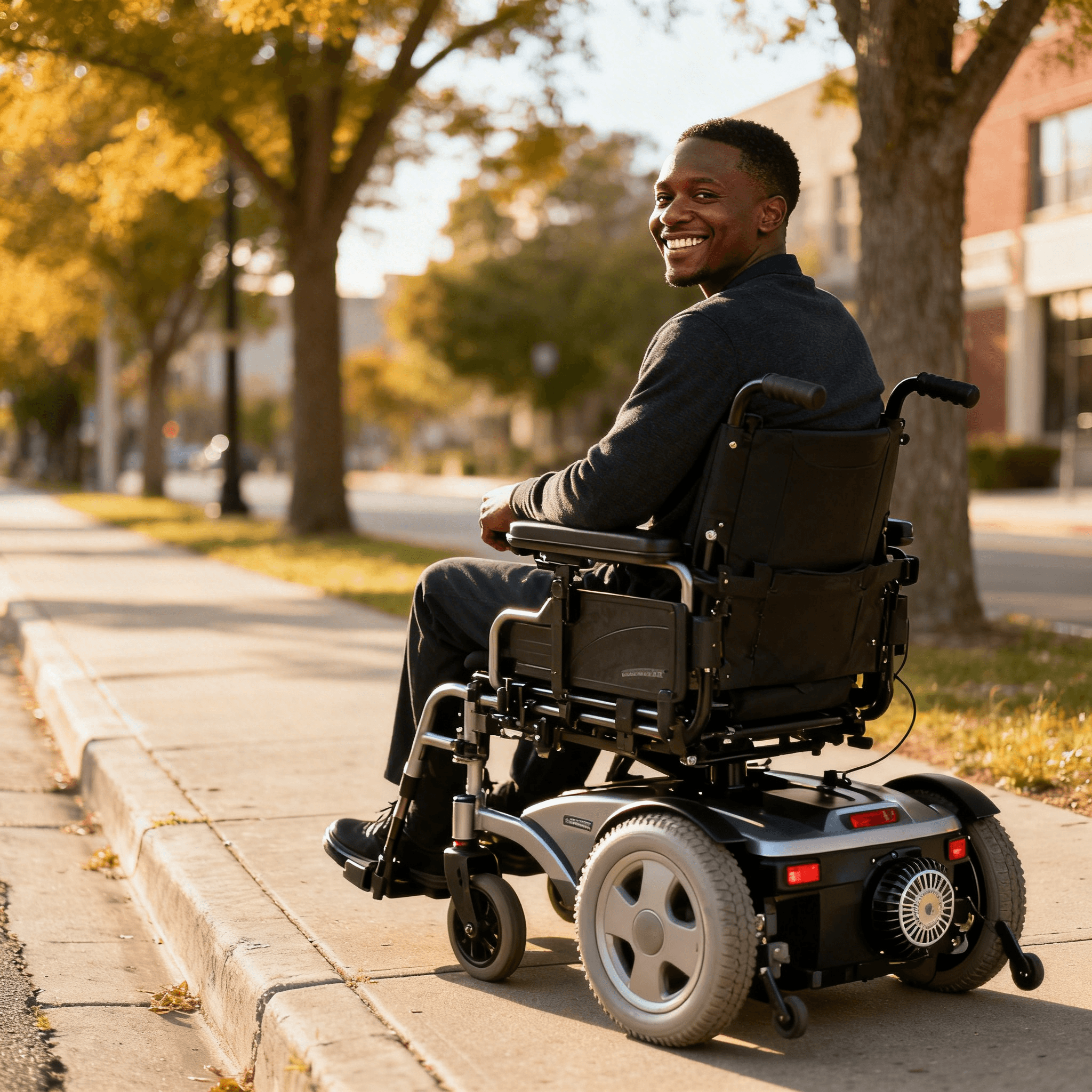 Man using a power wheelchair on a tree-lined neighborhood sidewalk in autumn