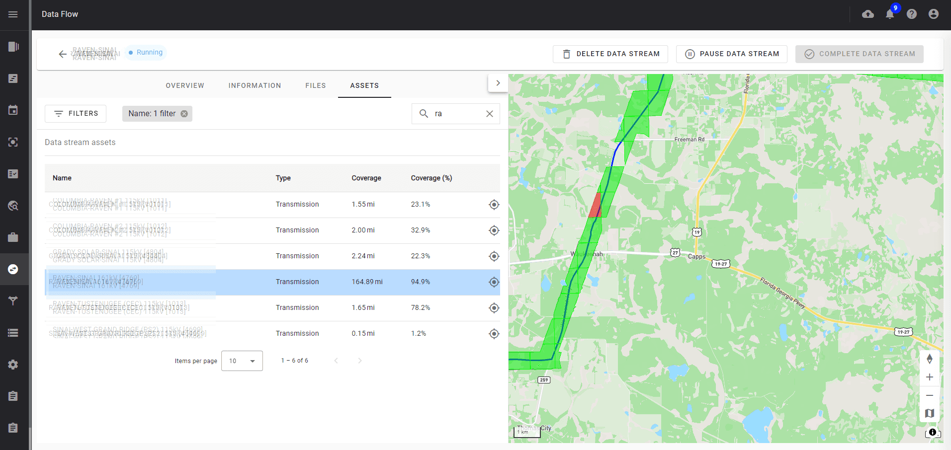 Assets interface with a table listing Type, Coverage, Coverage %, Version, and a 2D map showing a green and red power transmission line following a linear corridor with a detailed geospatial footprint.