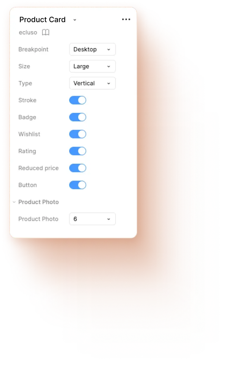 Figma component properties panel demonstrating customization options for a product card, including toggles for badges, wishlist, rating, and buttons, plus size and breakpoint selectors.