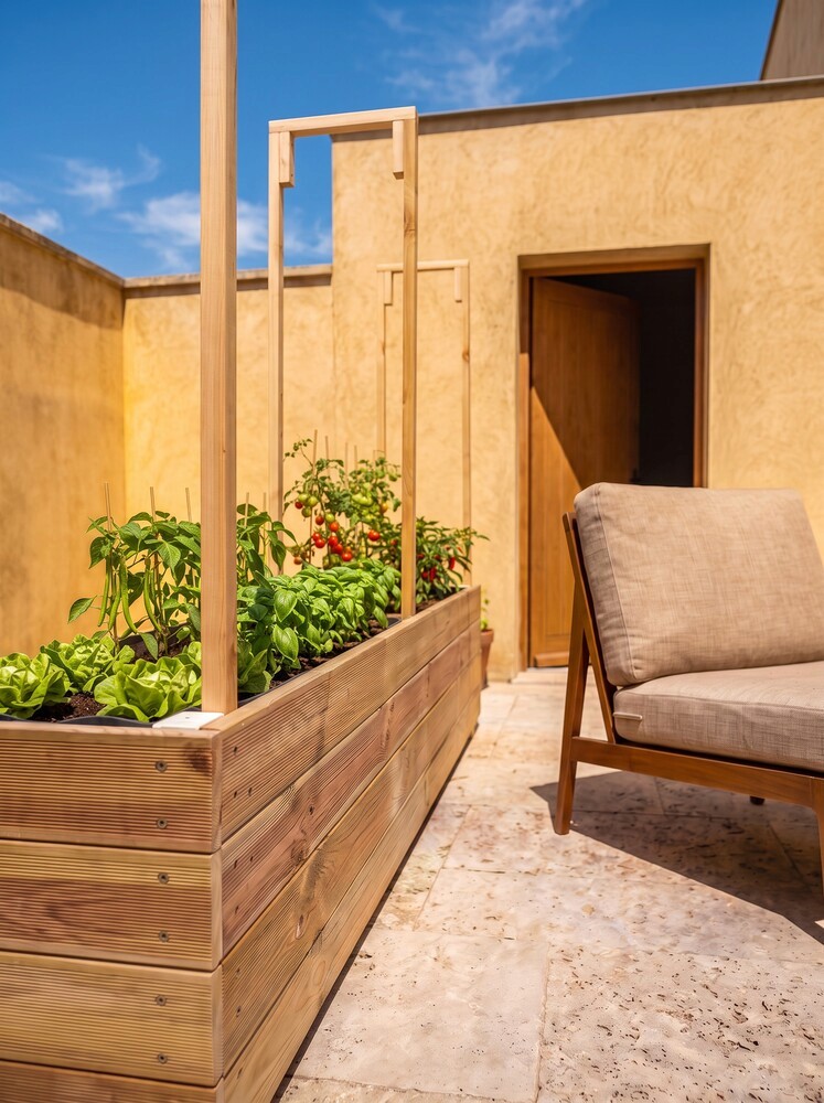 Jardinière en bois avec tuteurs et plants de tomates, salades et basilic, fauteuil en osier à proximité