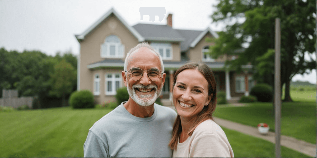 A middle-aged couple standing in front of their home, smiling together with arms around each other, outdoors.