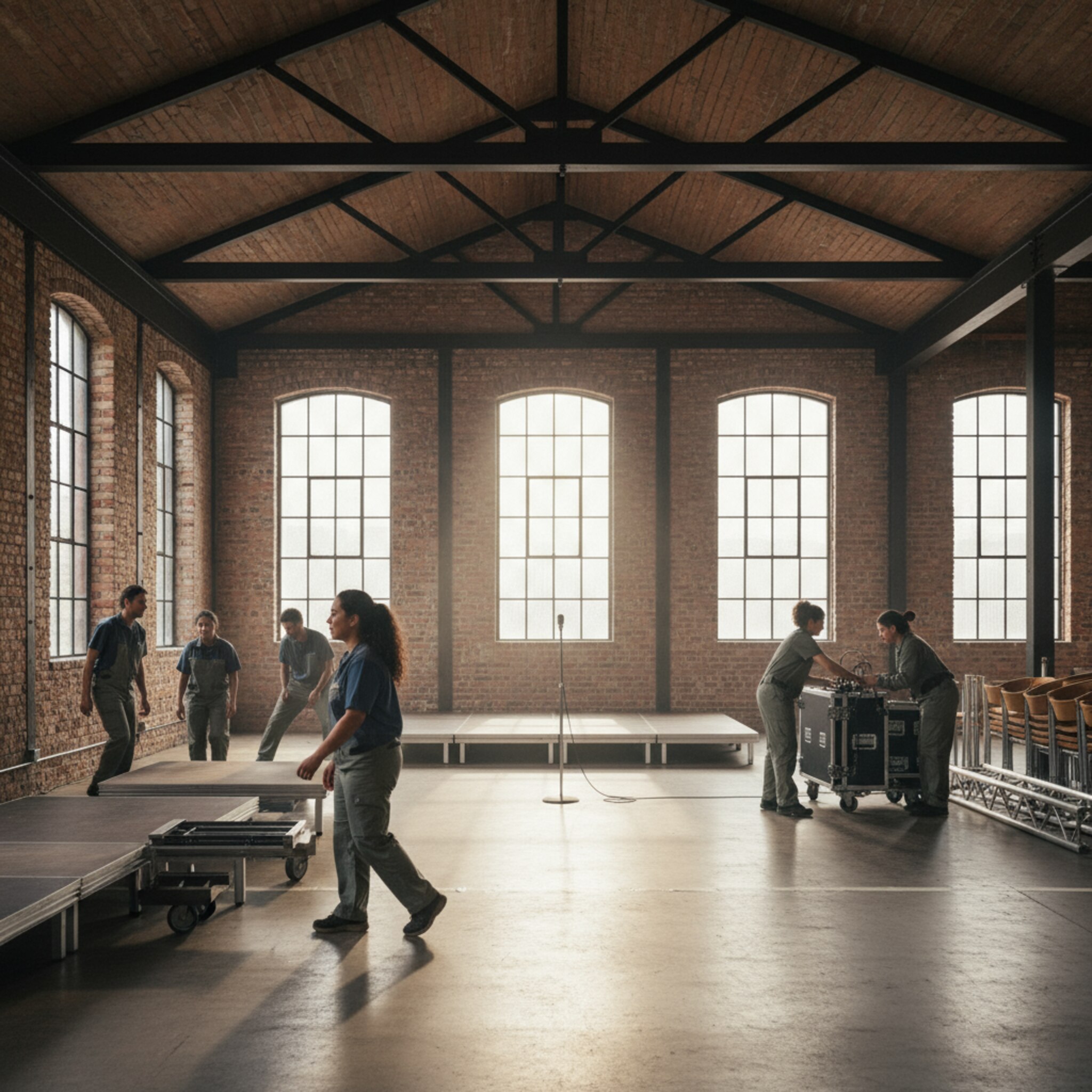 Ein industrielles Loft wird zum Eventraum verwandelt. Crew-Mitglieder rollen Bühnenpodeste an ihren Platz und prüfen eine dezente Tonanlage. Ein leerer Bühnenbereich mit Mikrofonständer taucht im Lichtkegel auf. Der Raum atmet Vorfreude, jedes Detail sitzt, noch bevor die ersten Gäste eintreffen.