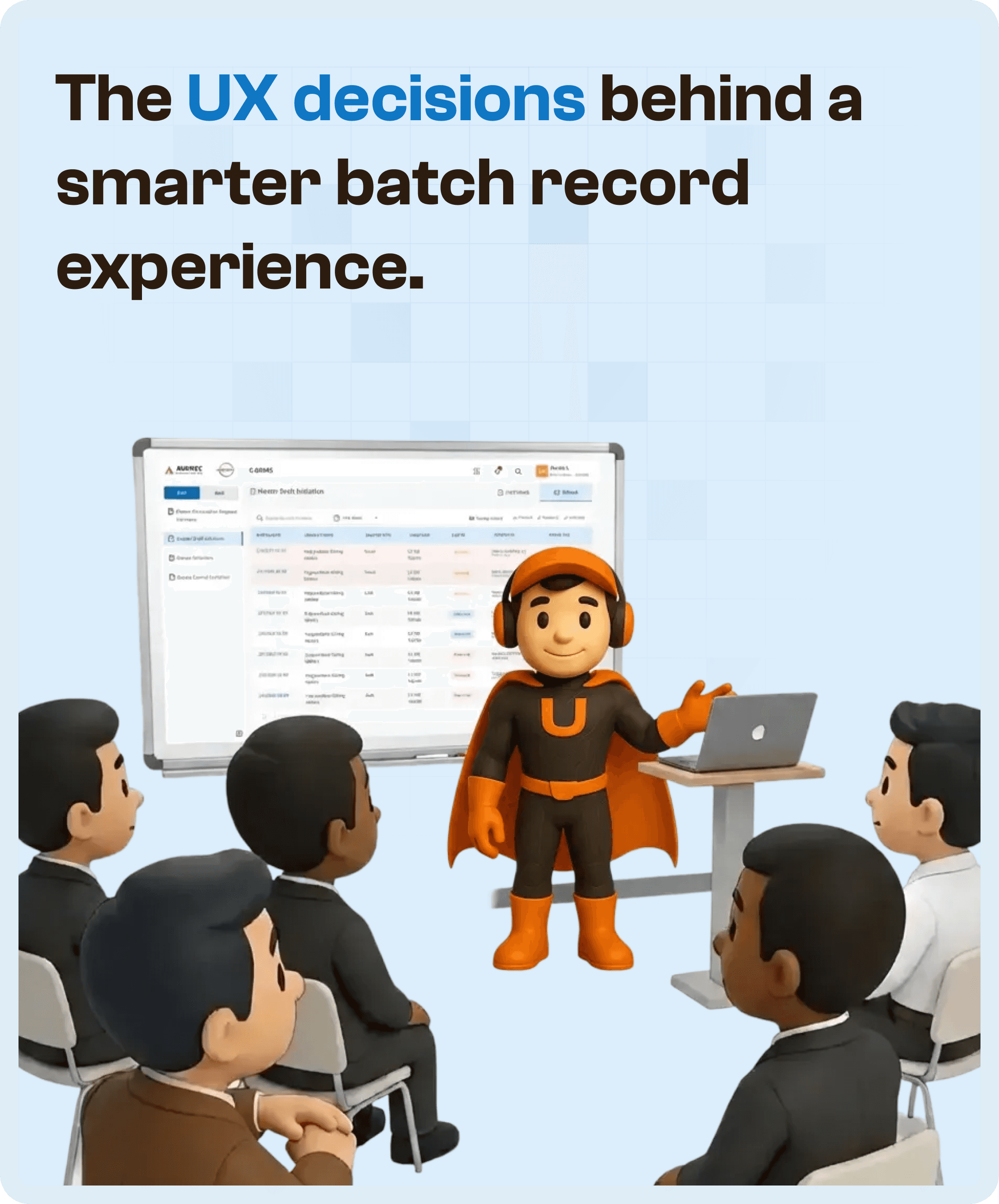 Upslide Mascot discussing problem with team