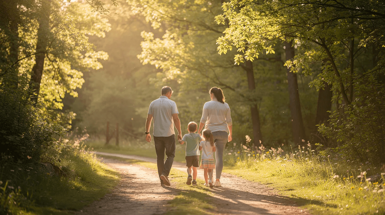 A family is walking together along a serene path surrounded by trees, symbolizing unity and support as they navigate their financial circumstances and the emotional challenges that can arise from sudden wealth. This scene reflects the importance of family connections when managing newfound wealth and the potential identity disruption that can accompany financial windfalls.