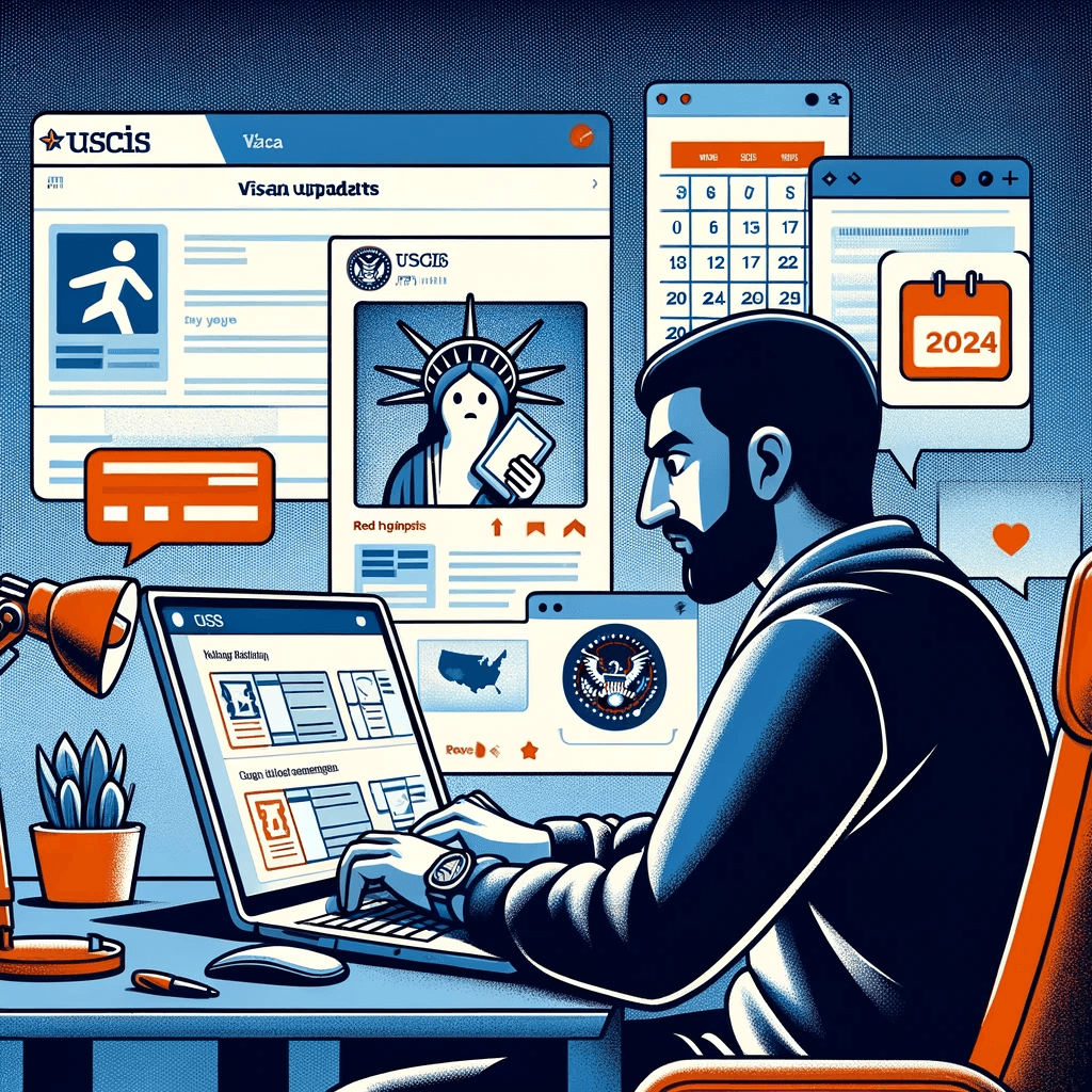 An individual researching USCIS 2024 updates on a laptop with Reddit and various visa category icons around, highlighting the pursuit of up-to-date immigration information.