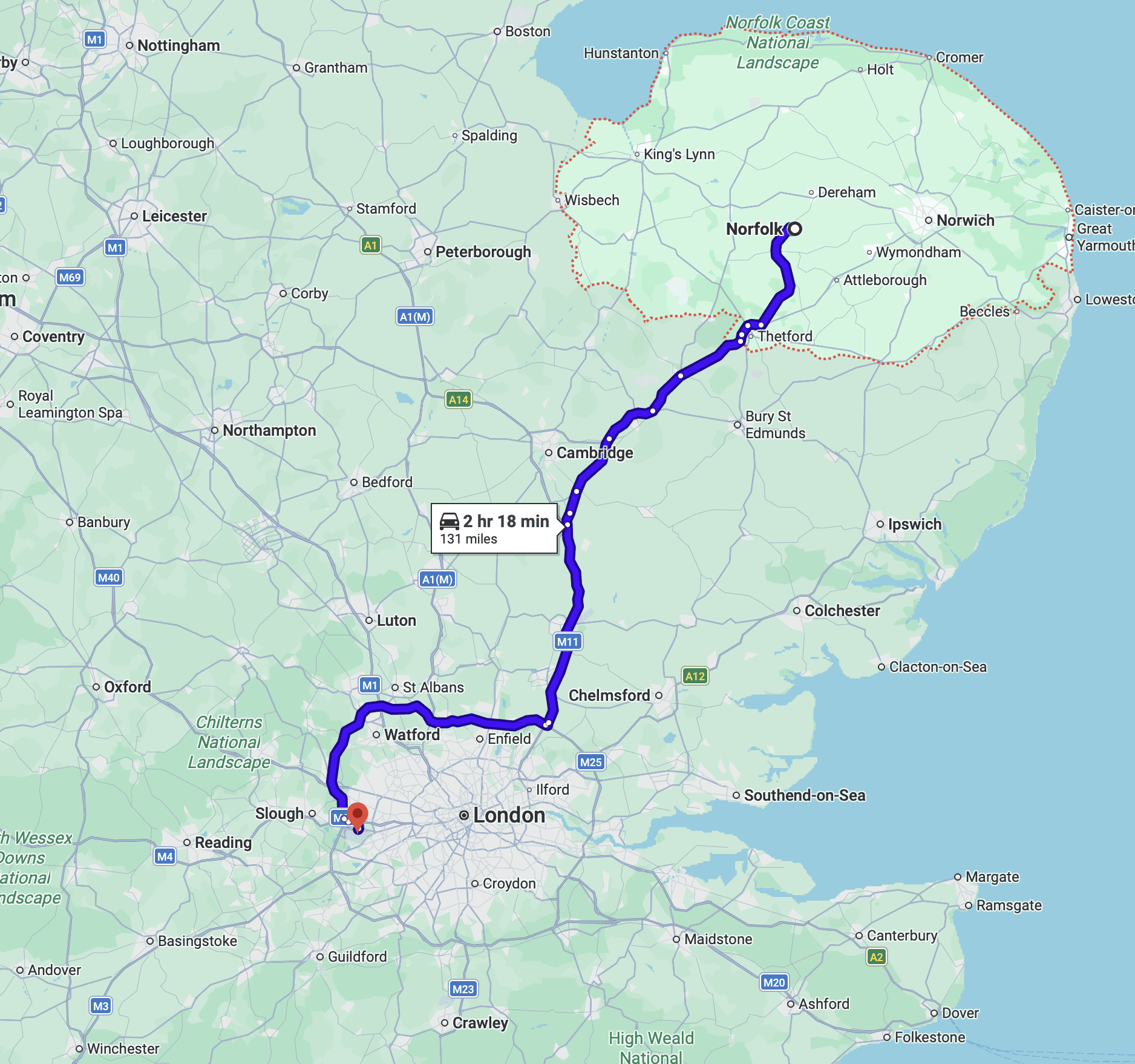 Norfolk to Stanstead transfer route
