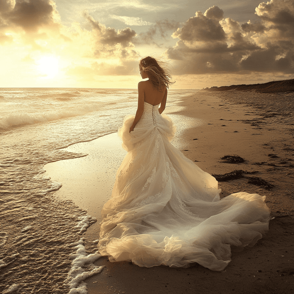 Ein elegantes, bodenlanges Brautkleid aus leichtem, fließendem Stoff steht im goldenen Licht des Sonnenuntergangs am Strand. Das Kleid hat eine romantische, luftige Silhouette, die perfekt zur entspannten Atmosphäre der Hochzeit am Meer passt. Im Hintergrund zeichnet sich der Horizont mit einer malerischen Farbpalette ab, während das Brautpaar den besonderen Moment genießt.