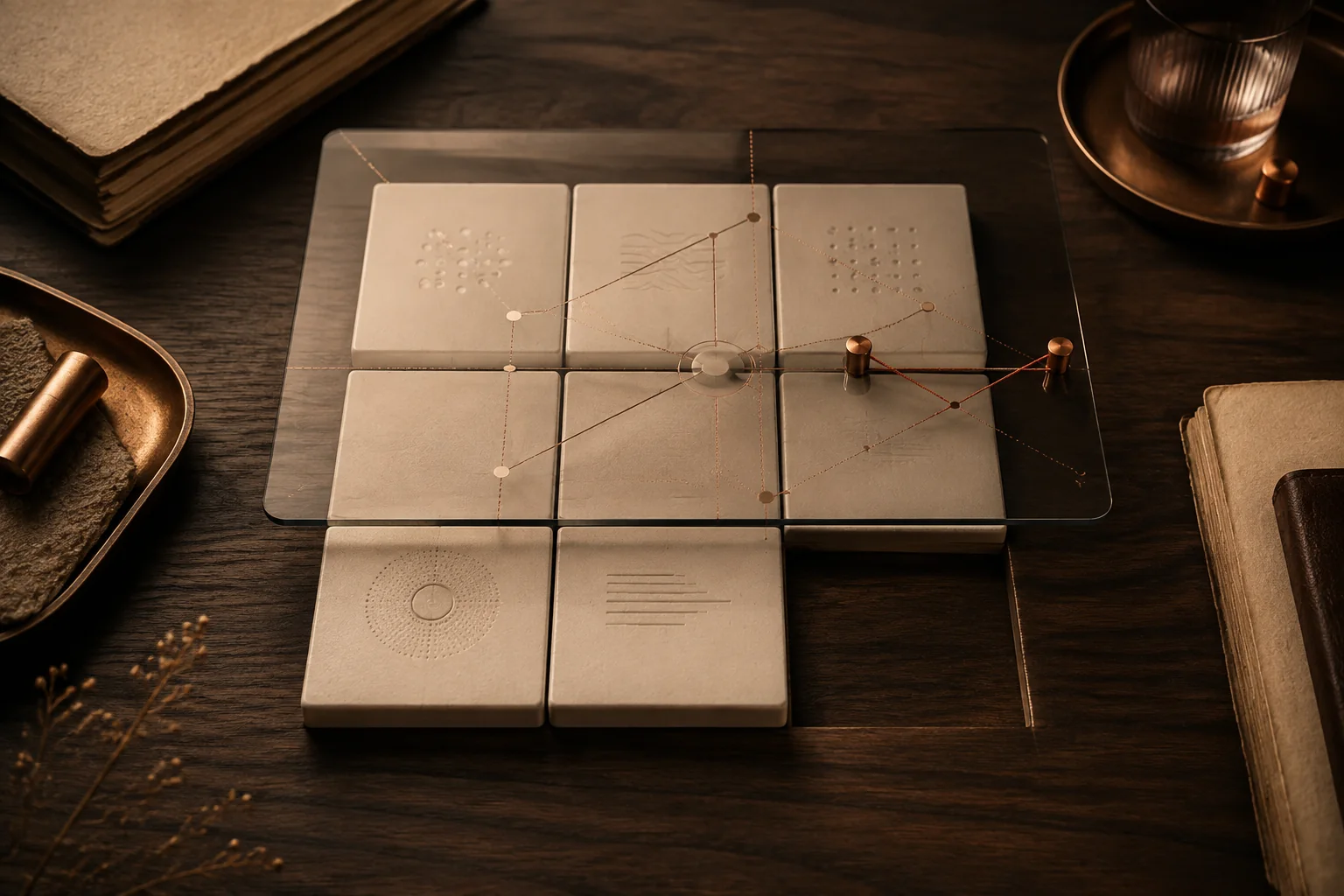 A connected risk picture assembled from distinct evidence objects on an archival work surface