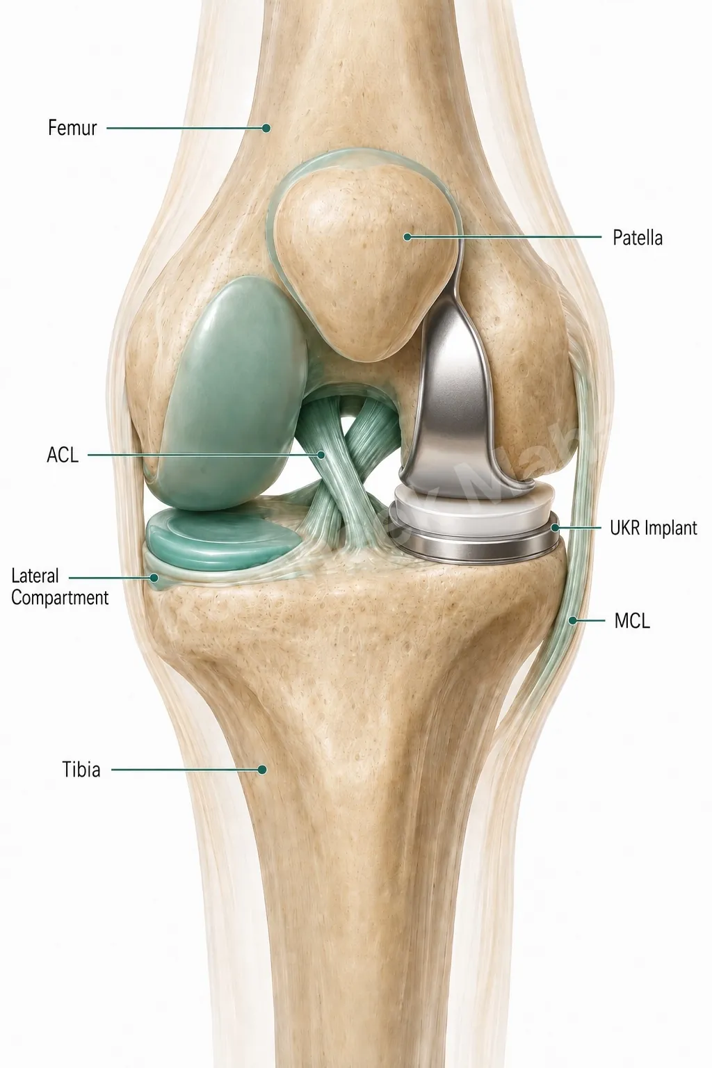 Same knee after partial knee replacement (UKR) - small medial implant placed, ACL and lateral compartment preserved.