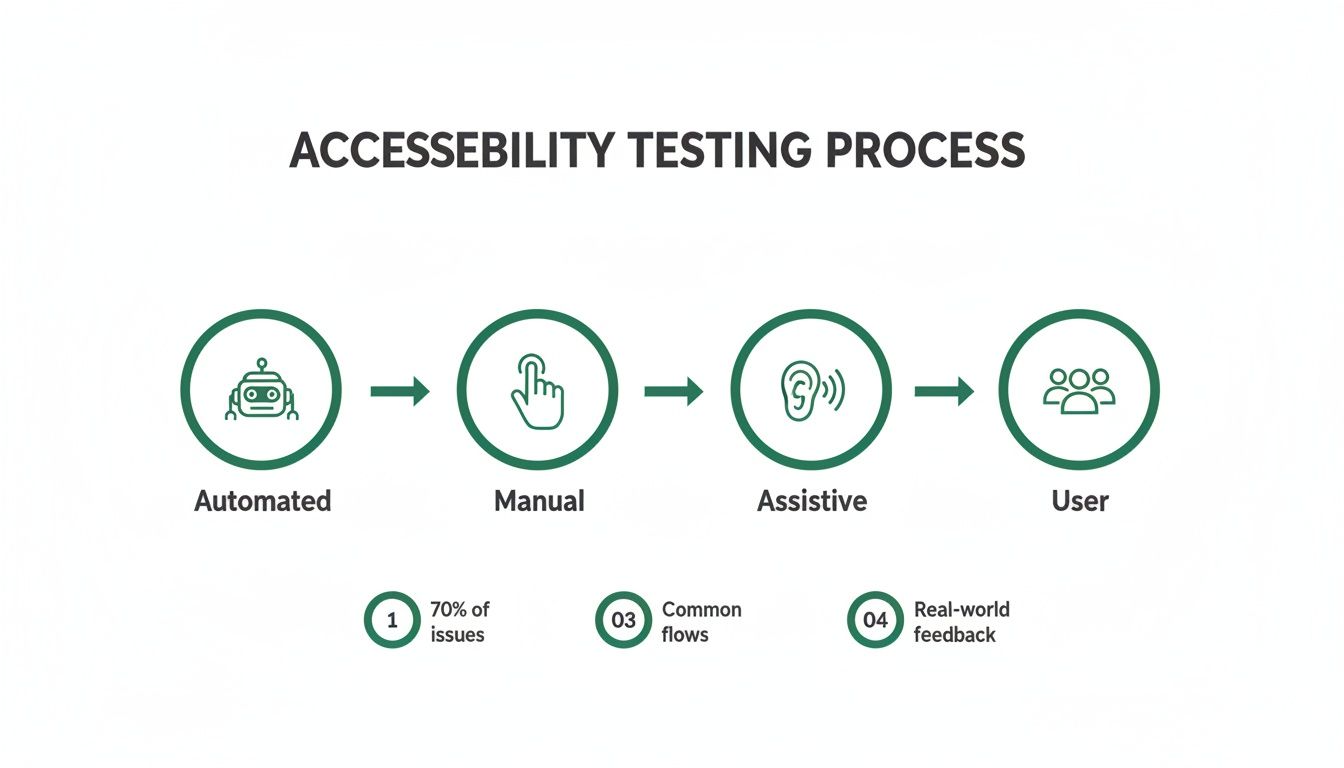 An infographic detailing the accessibility testing process, including automated, manual, assistive, and user testing stages.