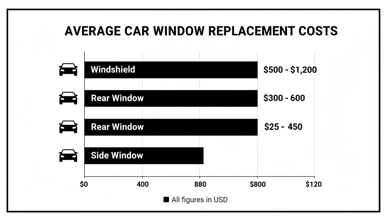 Horizontal bar chart shows average car window replacement costs for windshields, rear, and side windows.