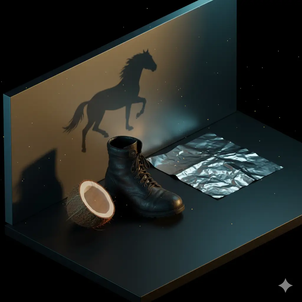 Worn black boot, halved coconut and crumpled foil on a dark surface casting a horse silhouette shadow on a back panel.