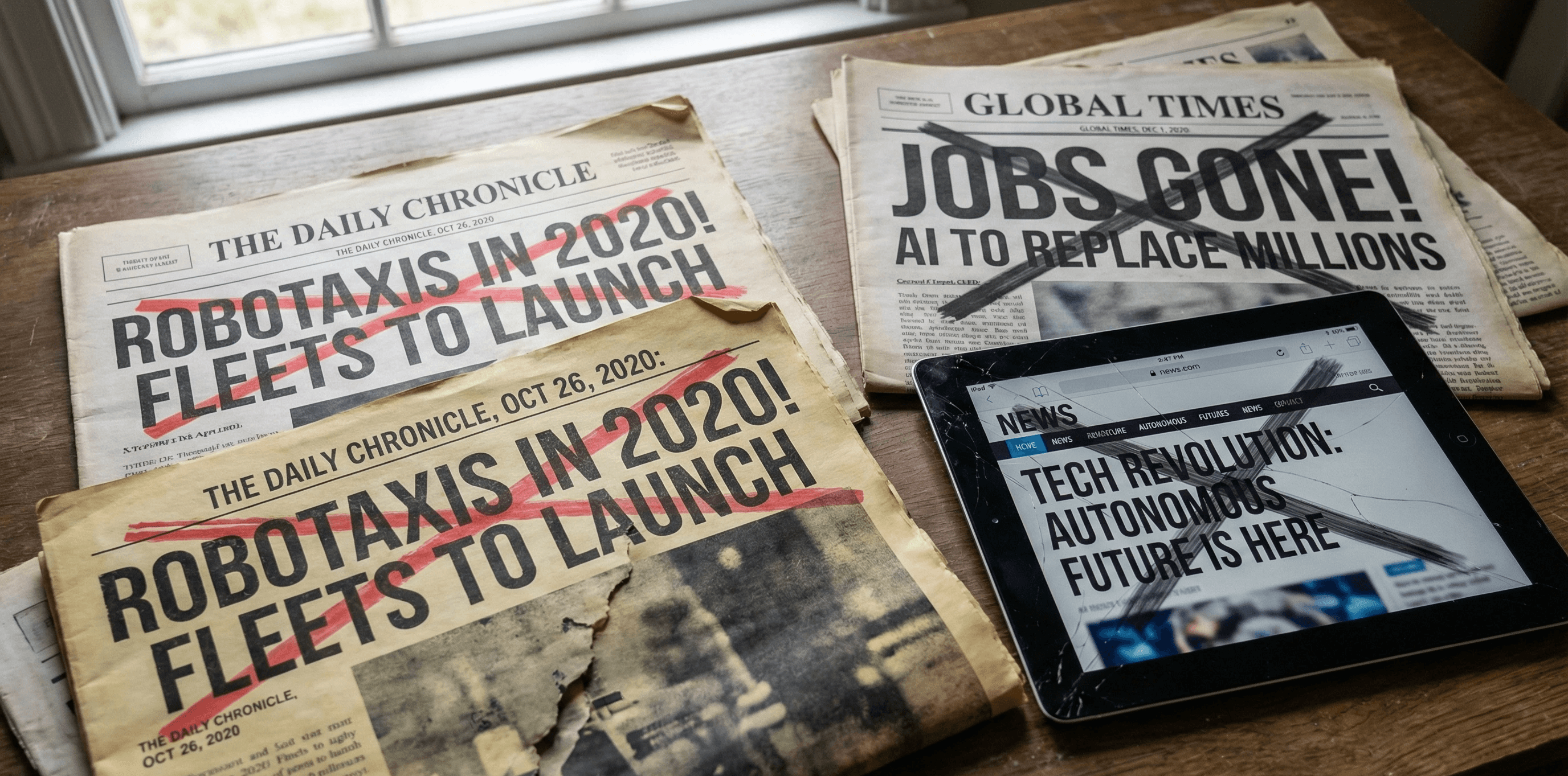 Newspaper or screen headlines from 2020 (“Robotaxis in 2020!”, “Jobs gone!”) faded or crossed out