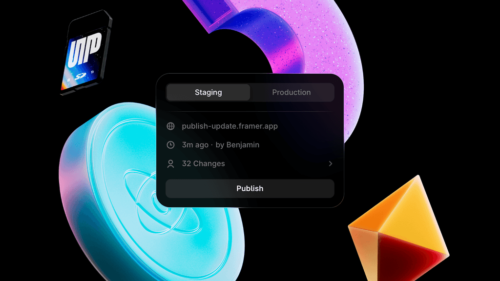 Framer publishing panel with staging and production tabs on a colourful 3D background