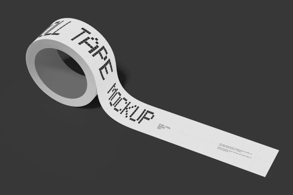 A mockup of a roll of tape with a grid paper design and bold pixel-style text. The tape is partially unrolled, displayed on a dark gray background, emphasizing its clean, minimalistic look.
