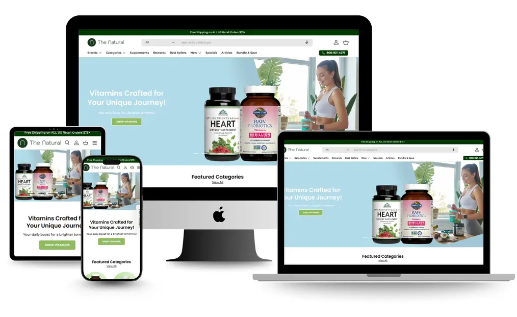 Responsive e-commerce website for The Natural vitamins shown on multiple digital devices.