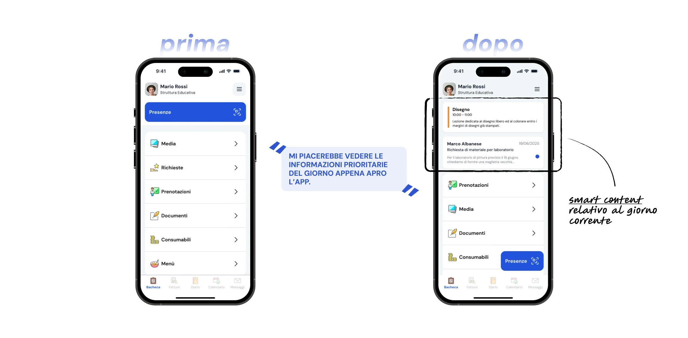 Comparazione di un'interfaccia prima e dopo lo user testing