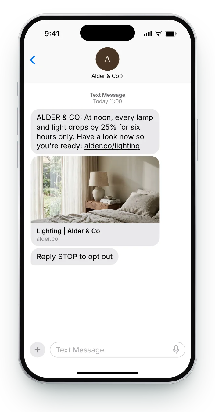 An hour's notice before it starts flash sale text on an iPhone