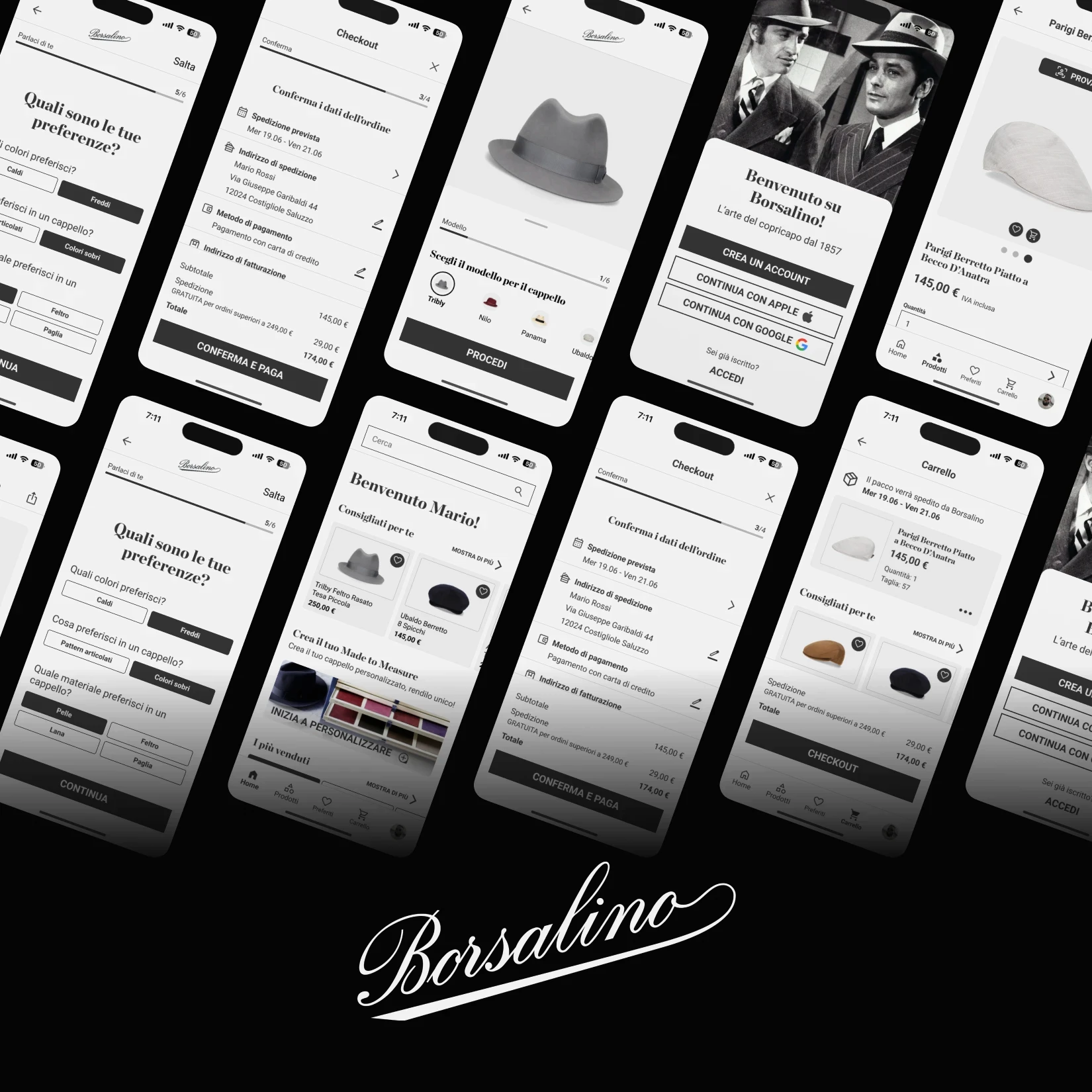 Interfacce mobile dell'app Borsalino
