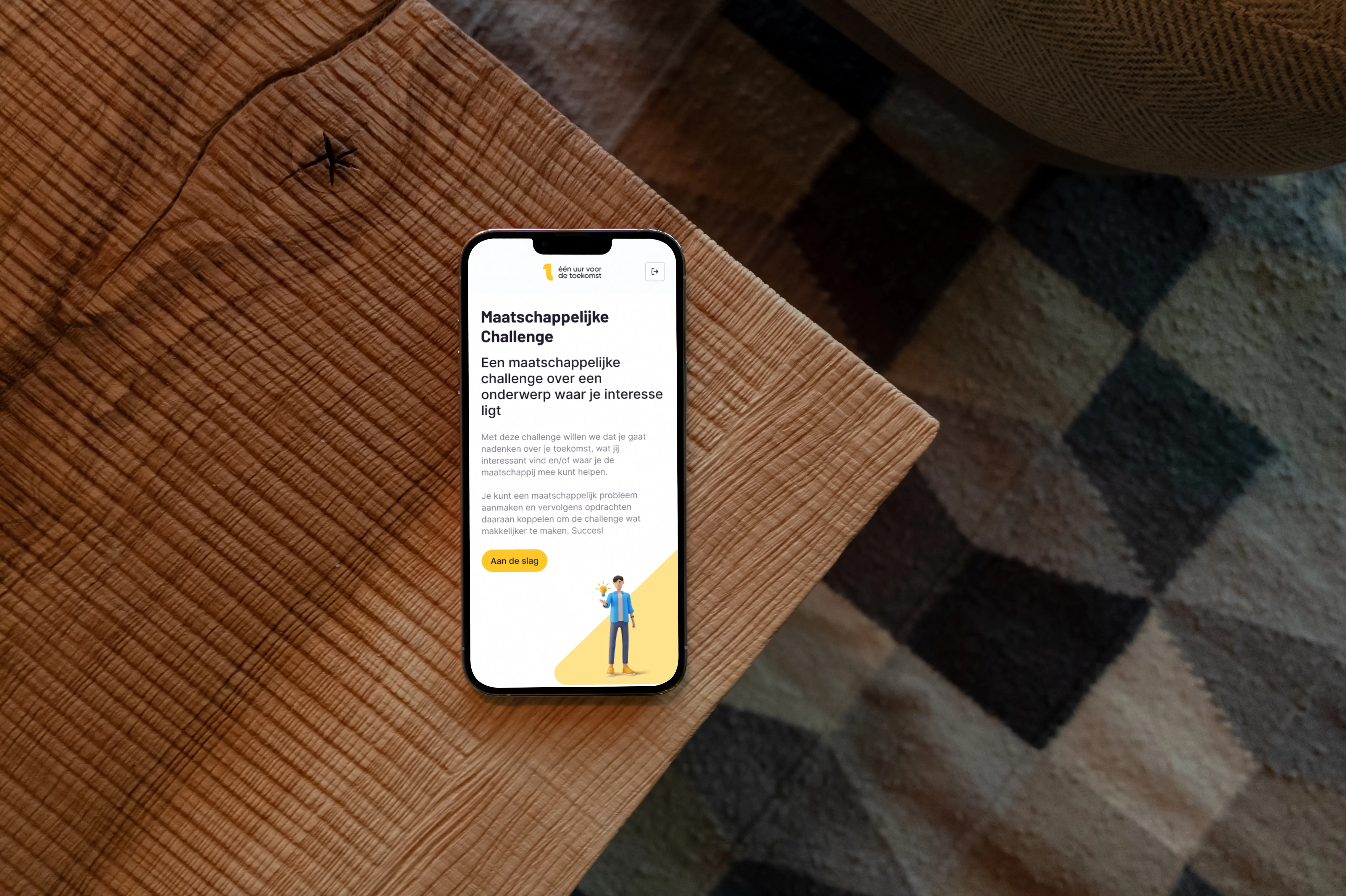 Modern bedroom with a unique brown bed and chair.