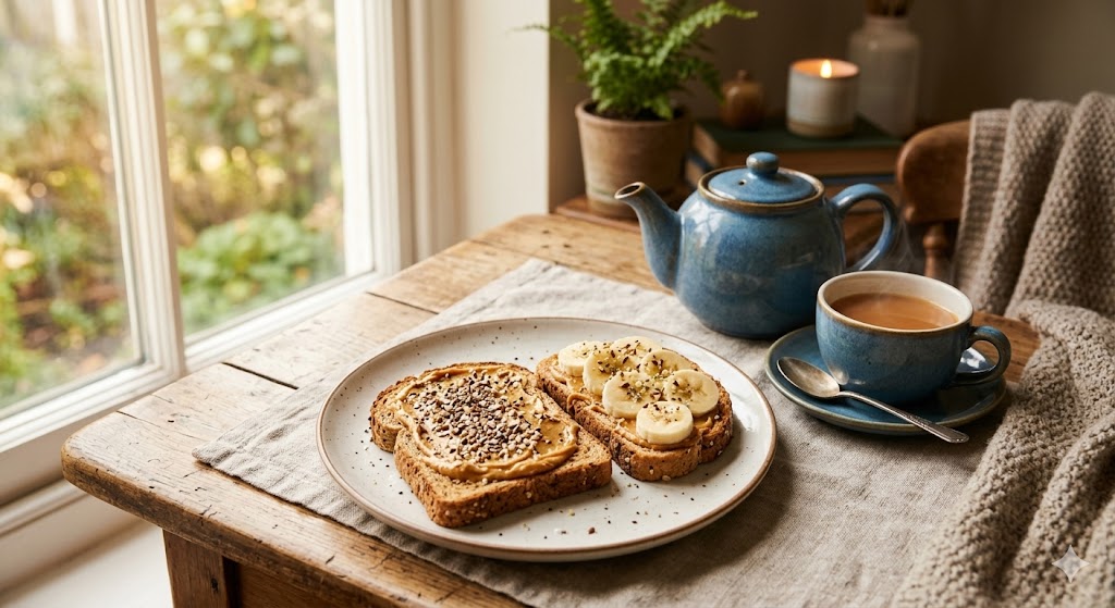 A close-up view of two slices of whole wheat toast spread with peanut butter, topped with banana slices and a seed mix, served on a rustic wooden table with a cup of tea and a teapot by a sunlit window.