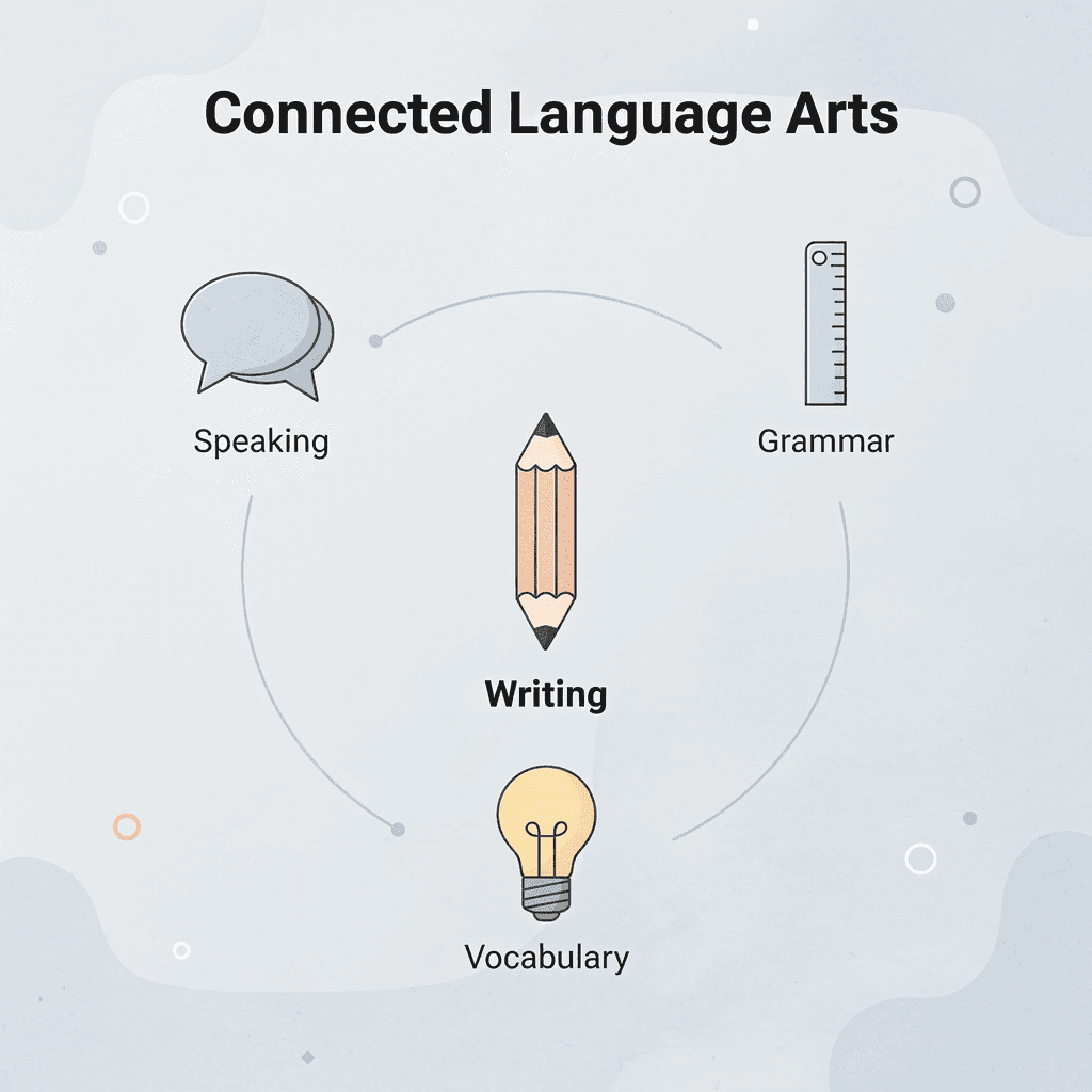 Hub and spoke diagram showing connected language arts skills