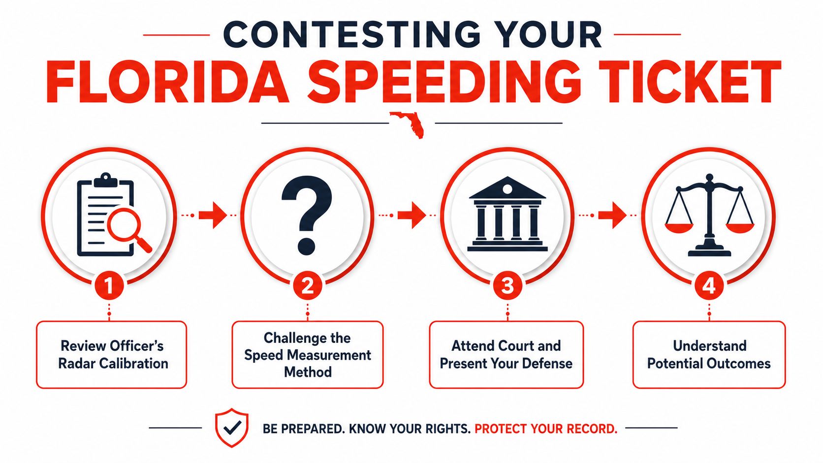 A step-by-step infographic on how to contest a speeding ticket in the state of Florida.